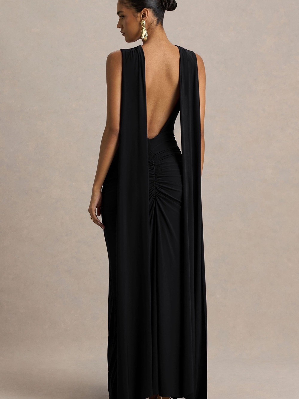 Club L London Black Ruched Maxi Gown with Draped Cape - Picture 2 of 5